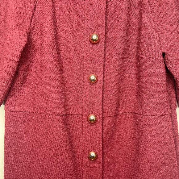 Burgundy Button-Front Sheath Dress Textured Wool Blend Sz S Old Money Holiday - Picture 4 of 11